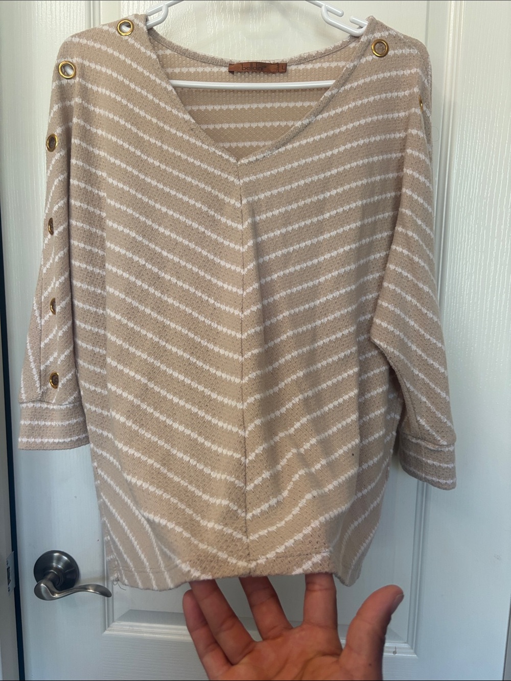 Belldini Beige Striped V‑Neck Sweater with Gold Button Trim